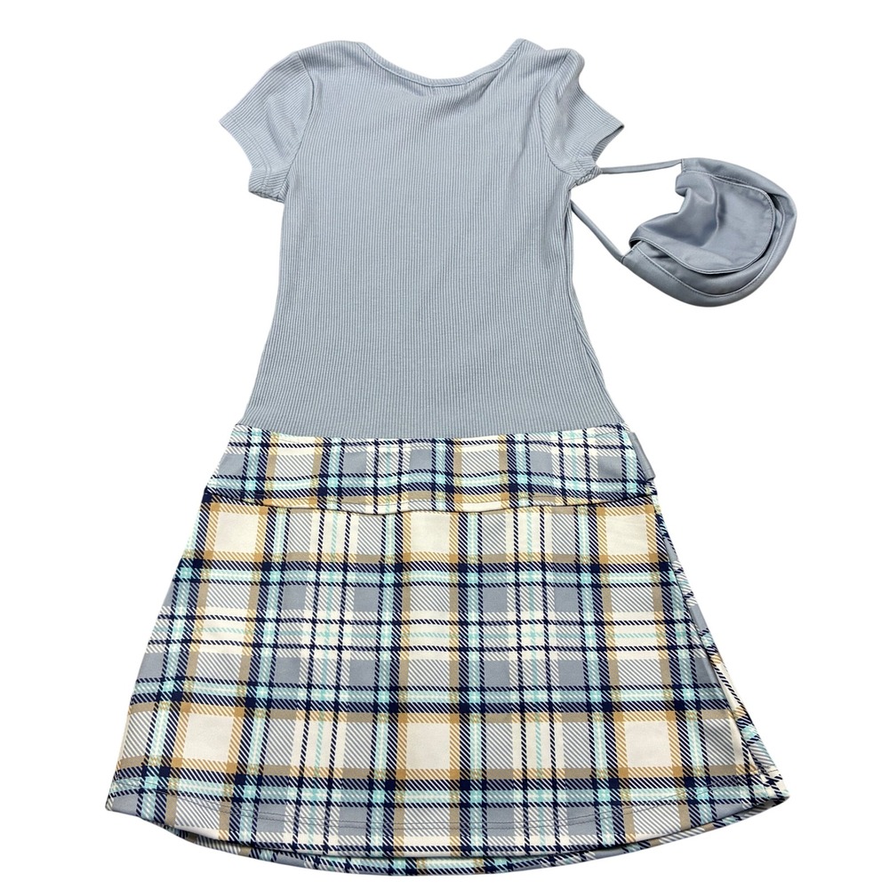 NWOT Lilt Girls Blue Ribbed Fox Glitter Plaid‎ Dress with Matching Purse Size 6X - Picture 2 of 16